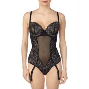Le Mystère Sophia Black Lace UW Lightly Padded Bra‎ Bodysuit w/Garters Size 34D